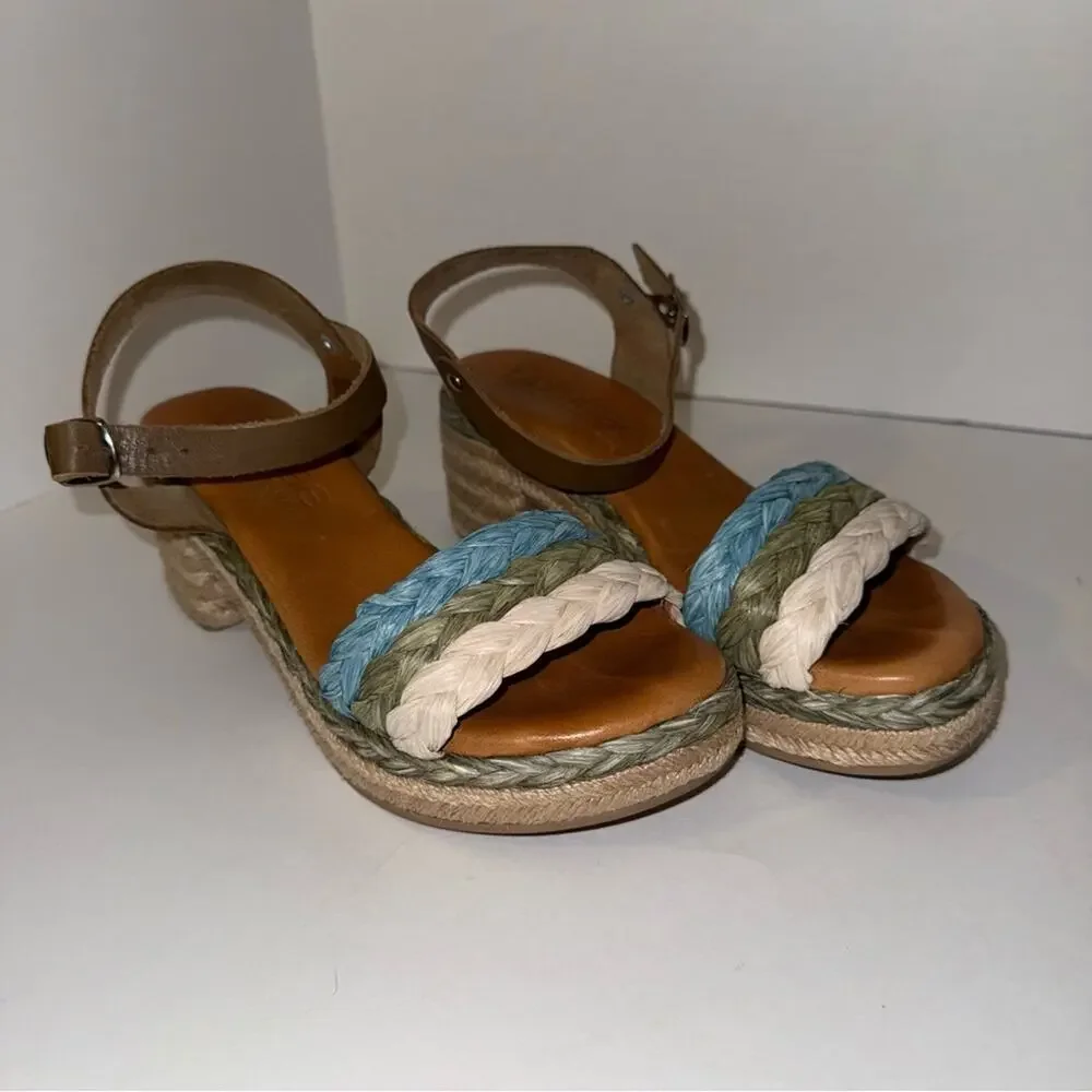 NWOT LIBERITAE ankle strap woven block heel boho vacation resort espadrilles 37
